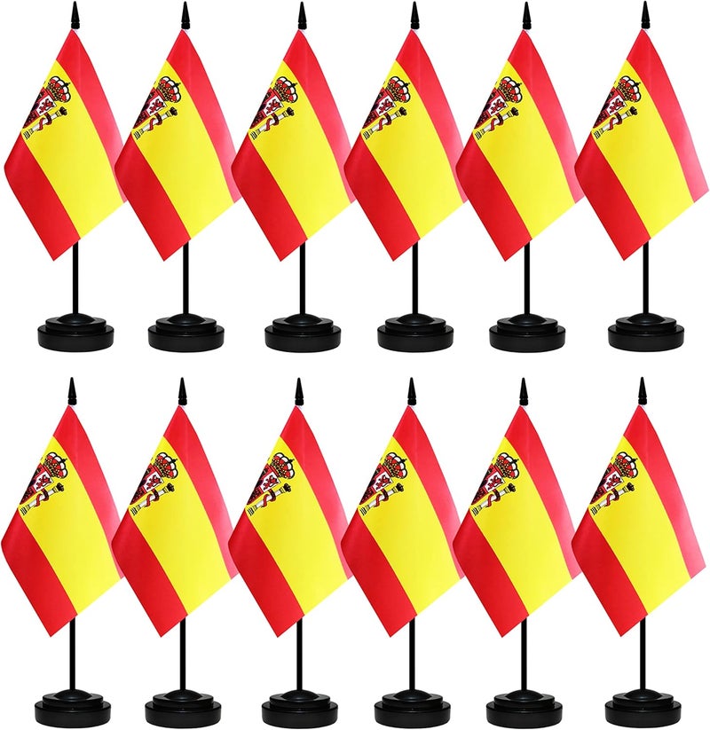 BCLin 12 Pack Spain Desk Flags Set, Spanish Small Mini Table Office Flags With 12" Solid Black Pole, Black Base and Spear Top, Miniature Desktop Flag, Home Decoration, Office Decoration, Festival - Image 1